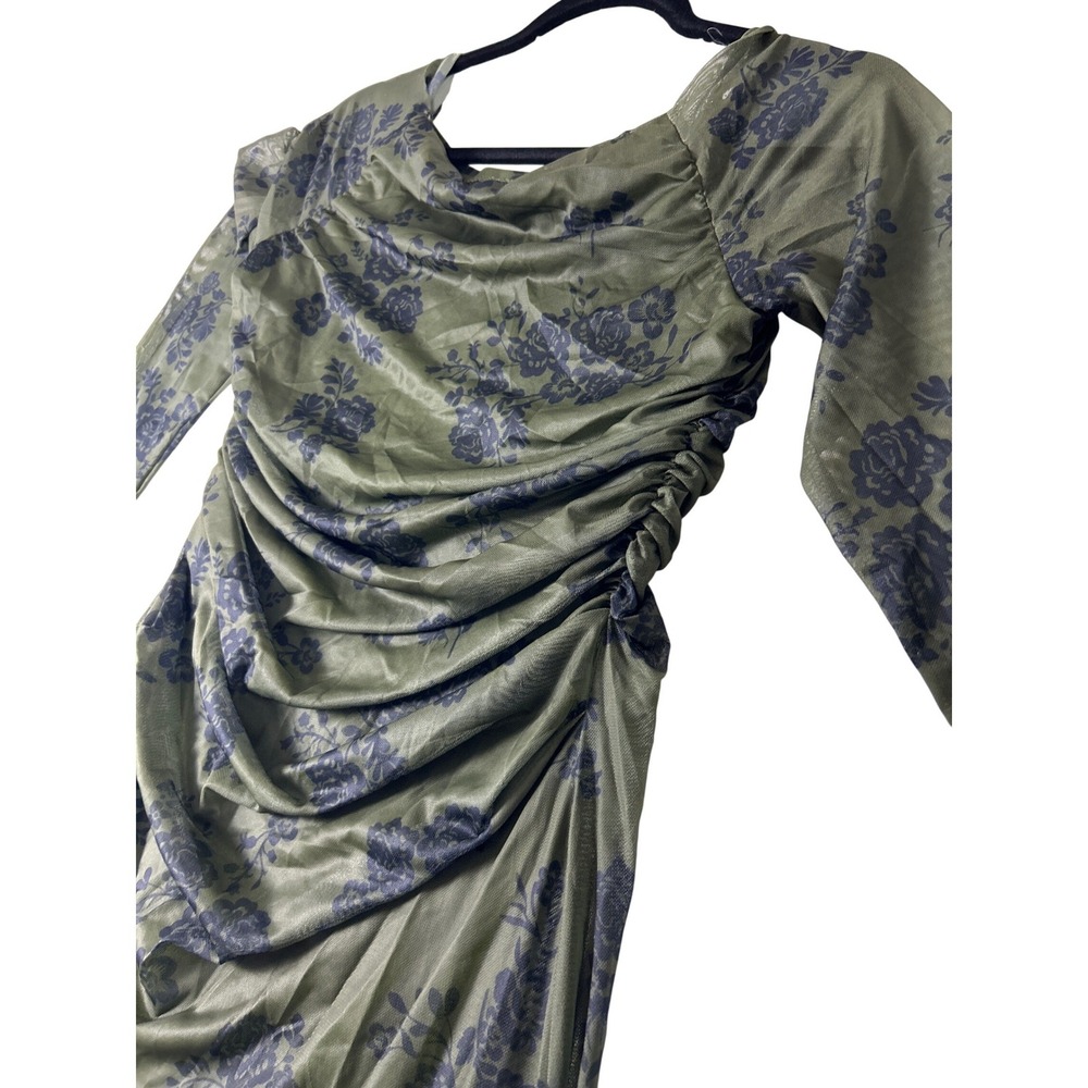 SHEIN Olive Green Floral Mesh Ruched Maxi Dress Bell Sleeve Size L 8/10